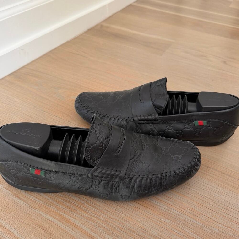 Gucci Guccissima Leather Loafers Black Men’s Size 12 Slip On Driving Shoes Italy - Picture 2 of 5